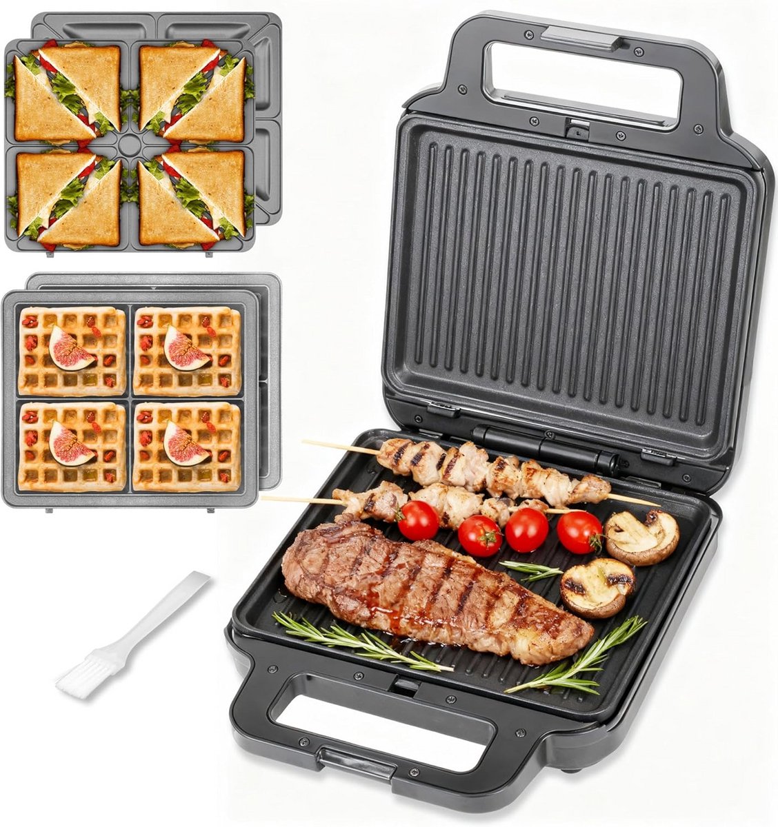 3-in-1 Elektrisch Contactgrill, Sandwichmaker en Wafelijzer met Afneembare Platen