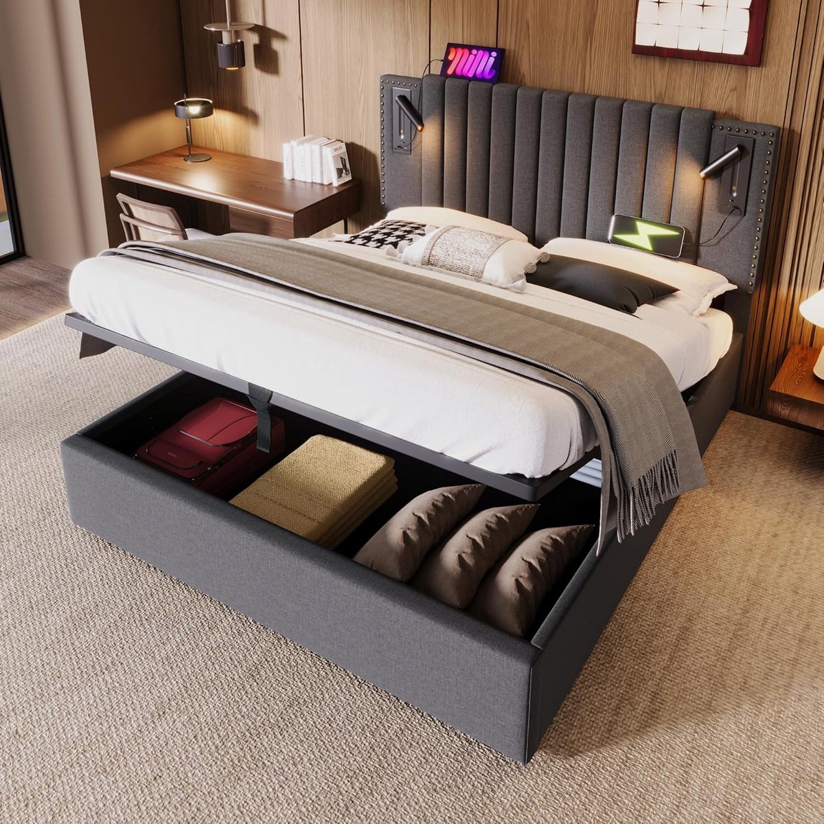 Tweepersoons Boxspringbed met Opbergruimte en Hoofdbord 140x200 cm Grijs