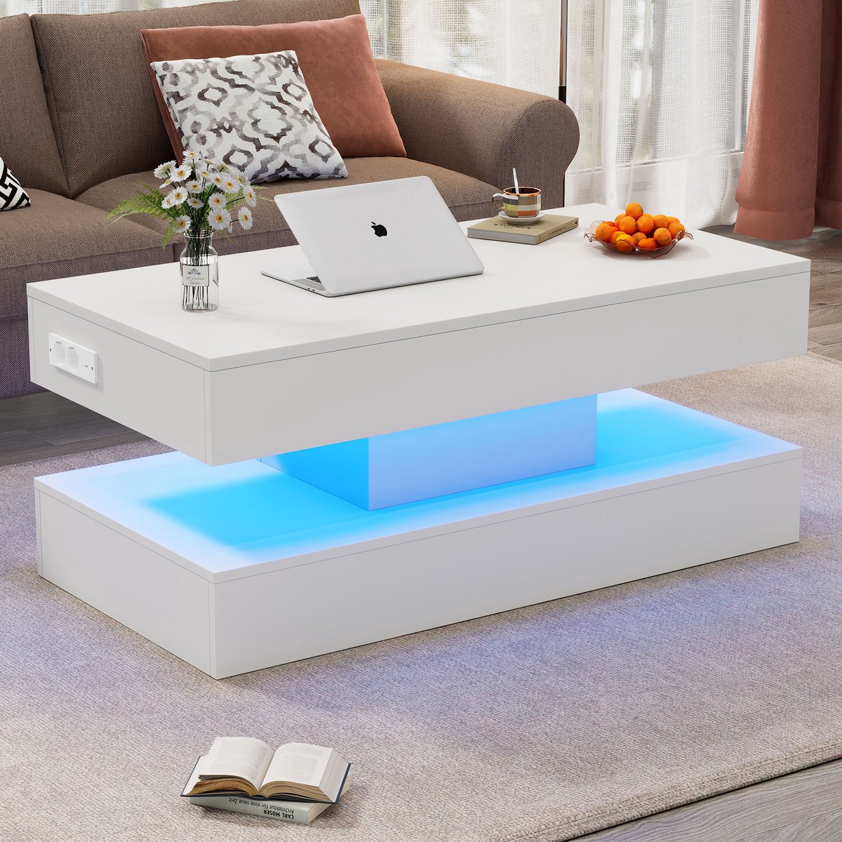 REDOM Salontafel 100x50x42 cm spanplaat, hoogteverstelbaar met LED-verlichting, verborgen opberging en EU-stekker Wit