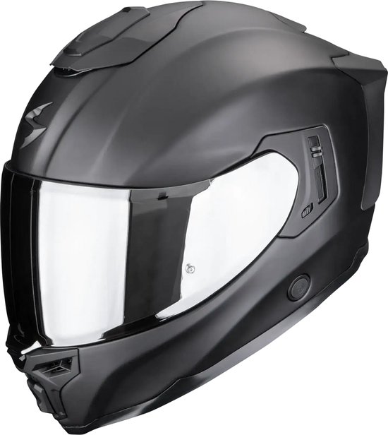 Matzwarte integraalhelm met zilverkleurig gespiegeld vizier, gezien vanaf de voorkant.