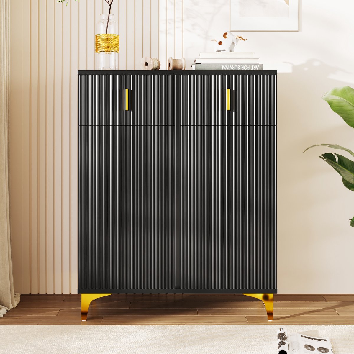 Wishdor Sideboard Met 2 Laden En 2 Deuren - Verstelbare Legplanken - Push-To-Open - Gedempte Scharnieren - Spaanplaat - Zwart - 83 X 35 X 101 Cm