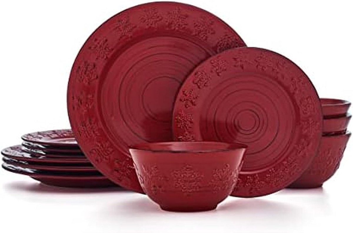 12-delige Servies Set met Sneeuwvlokken en Rustieke Charm