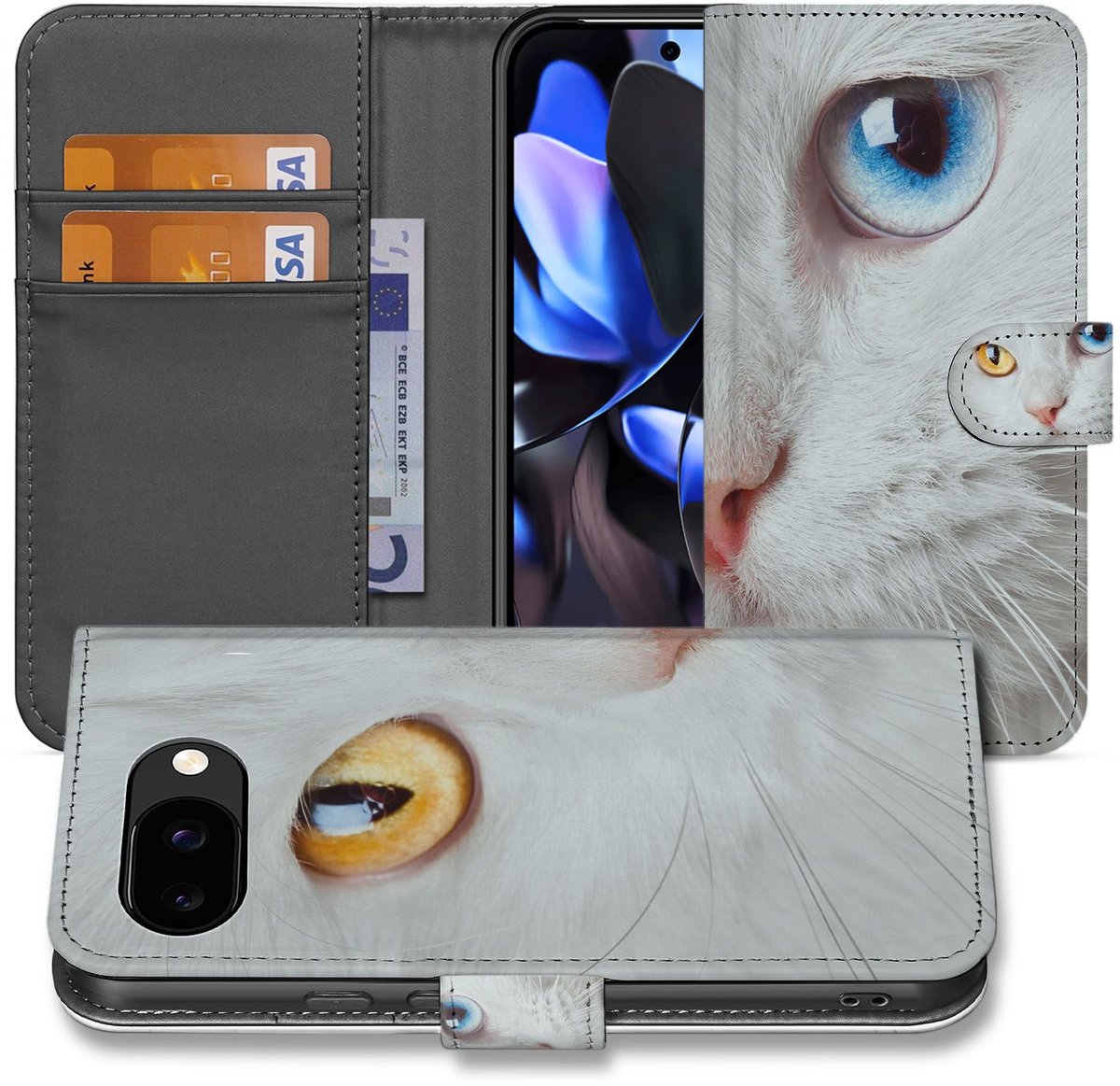Elegant Witte Kat Dierenprint Design Google Pixel 9a Book Case Hoesje