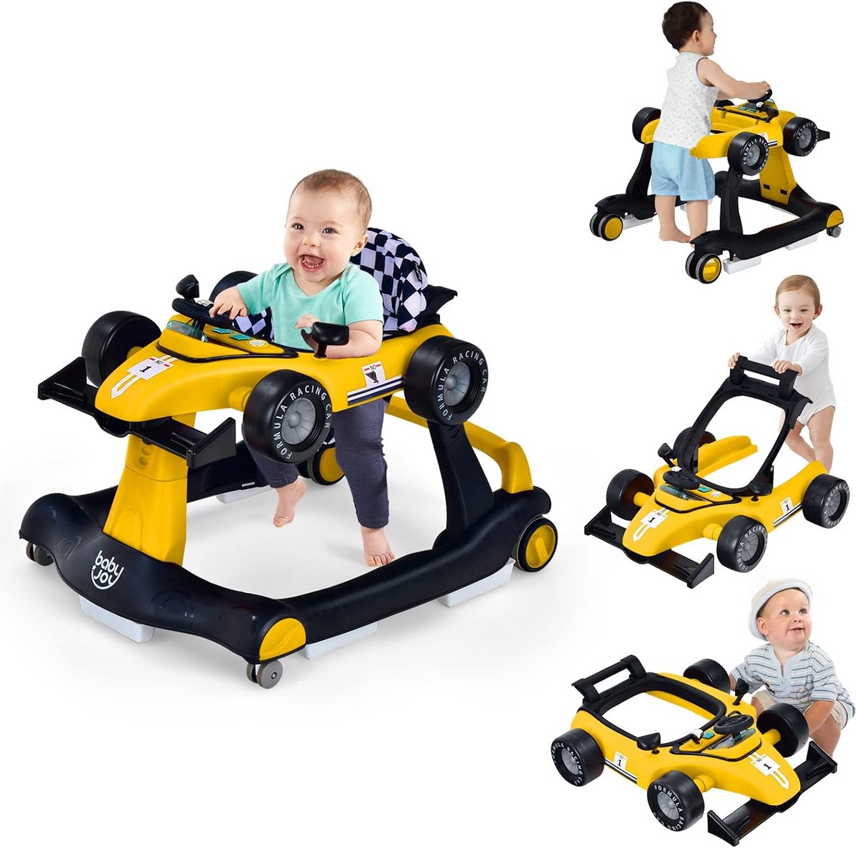 4-in-1 opvouwbare loophulp in autovorm voor baby's - instelbare snelheid en muziek voor 6-18 maanden