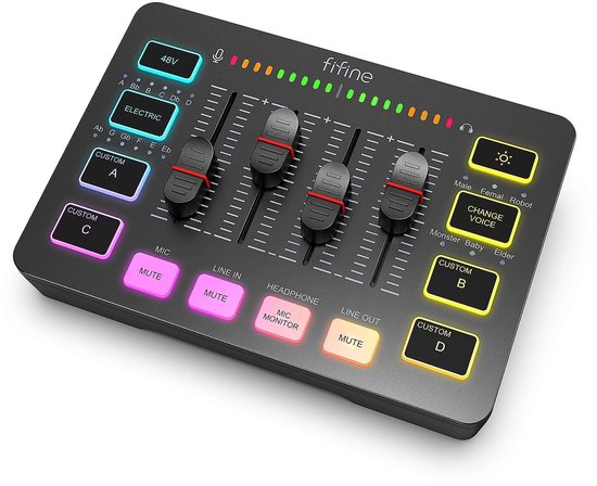 FIFINE - SC3 - Zwart - Streaming Deck - DJ Mixer - Gaming Mixer - Podcast / Stream / Gaming - XLR Aansluiting - Line-in - Voice Changer
