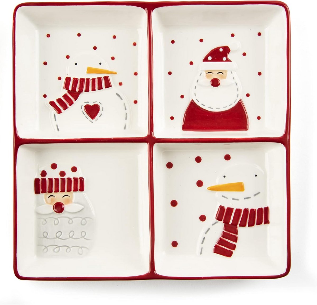 Kerst Serveerschaal met 4 Vakken - Sneeuwpop Design - Keramiek - 20x20 cm