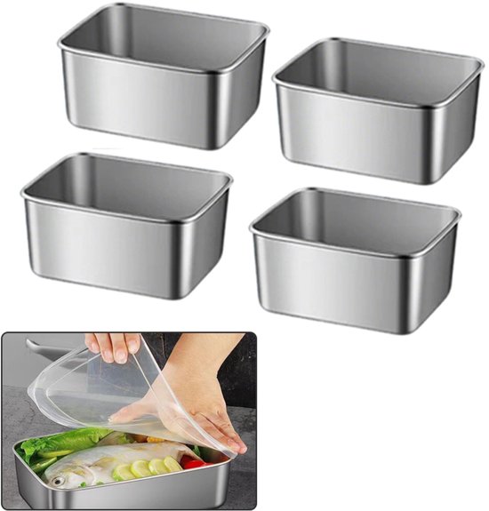 4-stuks roestvrijstalen vershouddoos - Portiebox voor etenswaren - Lunchbox - Met stofdichte deksel - Gemakkelijk schoon te maken - - Geschikt voor koelkast, oven, stoomoven, keukenopslag, voedselconservering - Zilver