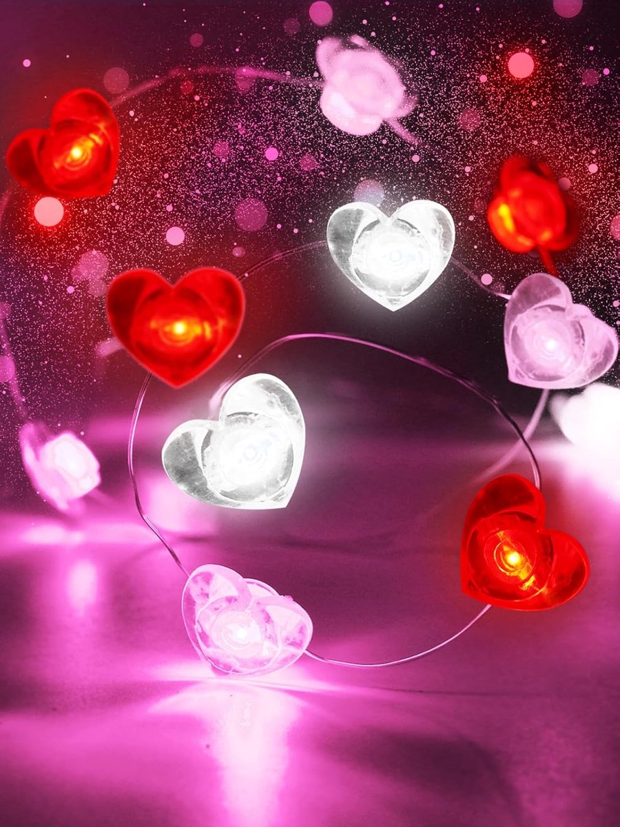 Roze, rode en witte hartvormige lichtslinger, 1 meter lang, 10 hartvormige LED-lampjes, werkt op batterijen, voor kamerdecoratie, slaapkamer, bruiloft, jubileumfeest.