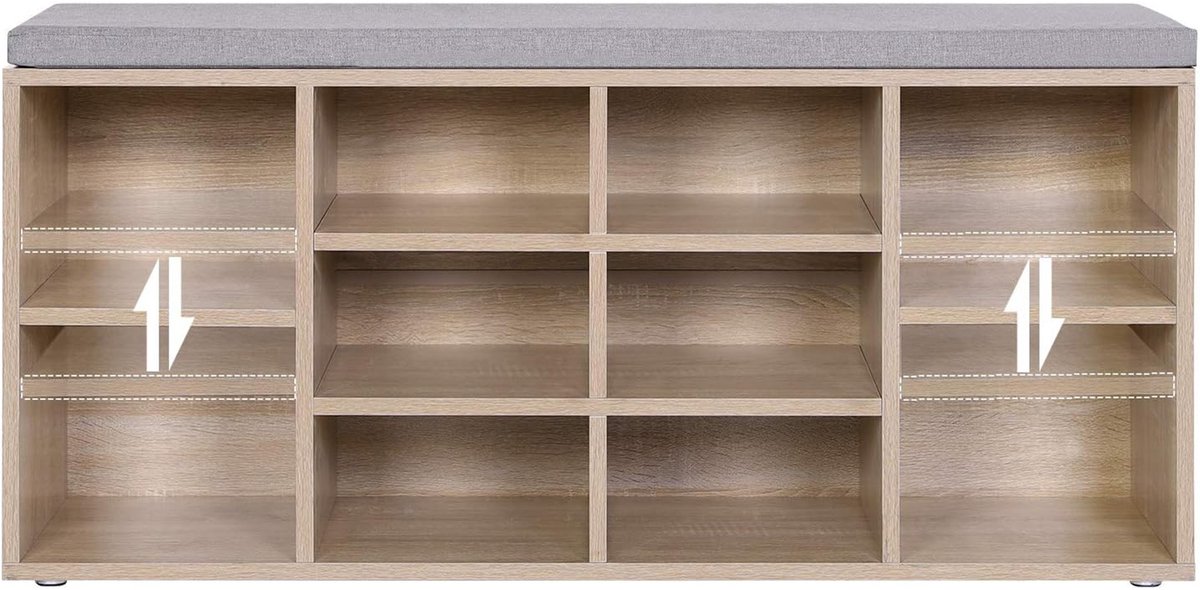 Opbergkast Schoenenbank Schoenenrek met 10 vakken en zacht kussen 104x30x48 cm Natuurlijke kleur Comfortabel zitkussen Verstelbare opbergruimte Voor hal en slaapkamer
