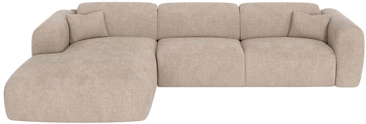 Vente-unique Ruime hoekbank met linkse hoek en snel uitklapbare slaapbank, ribfluweel stof in beige - POGNI