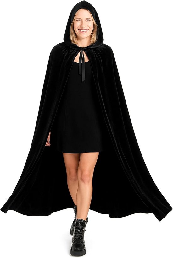 Lange Zwarte Cape met Capuchon in Fluweel voor Volwassenen - Kostuum voor Halloween, Carnaval en Rollenspel