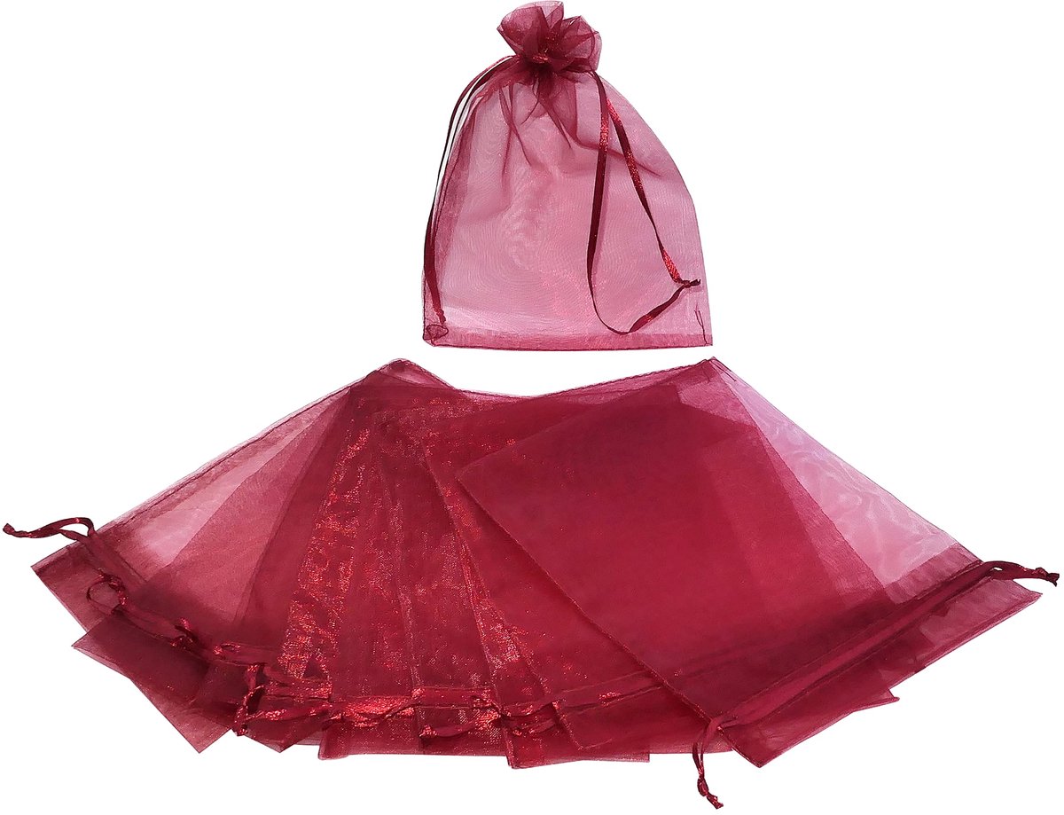 Set van 10 transparante organzazakjes-portemonnees-zakjes voor cadeaus-sieraden 120x170 mm - trekkoordsluiting - bordeauxrode kleur
