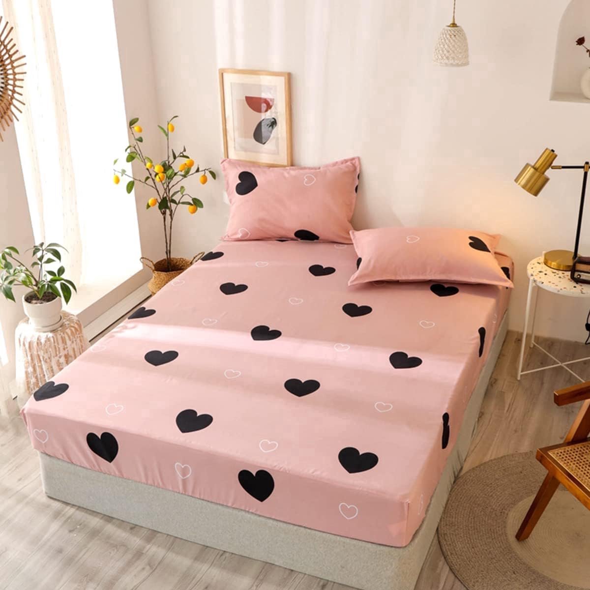 Stunq® Hoeslaken 90x200cm kindermatrasbeschermer, roze liefdespatroon meisjes bedlaken voor eenpersoonsbed boxspringbed - 100% microvezel hoeslaken geschikt voor matrassen tot 25-30 cm