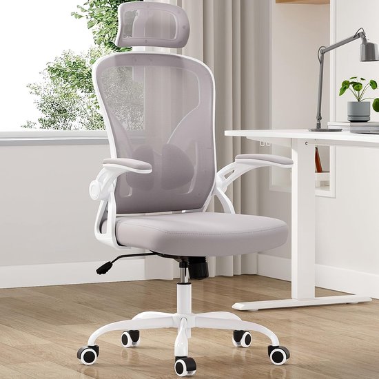yoakaiax Bureaustoel met gekruiste voeten, bureaustoel met gekruiste voeten met wieltjes, ergonomische bureaustoel met lendensteun en verstelbare kruk, beige