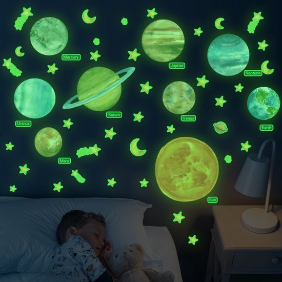 Stickers muraux phosphorescents avec planètes, étoiles et lunes sur un mur bleu foncé au-dessus d'un enfant endormi.