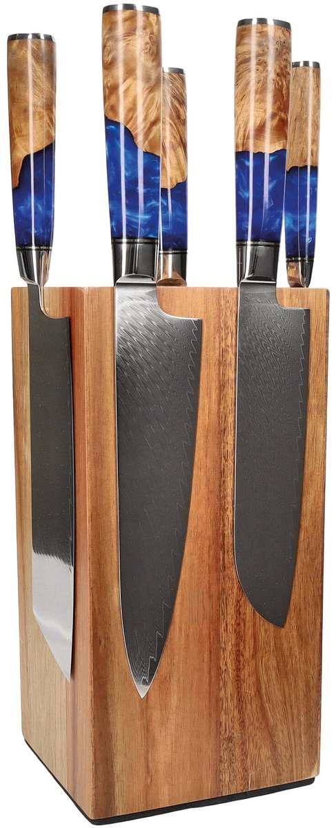 Shinrai Knives - Epoxy Sapphire 6-delige Messenset + Messenblok Rotate