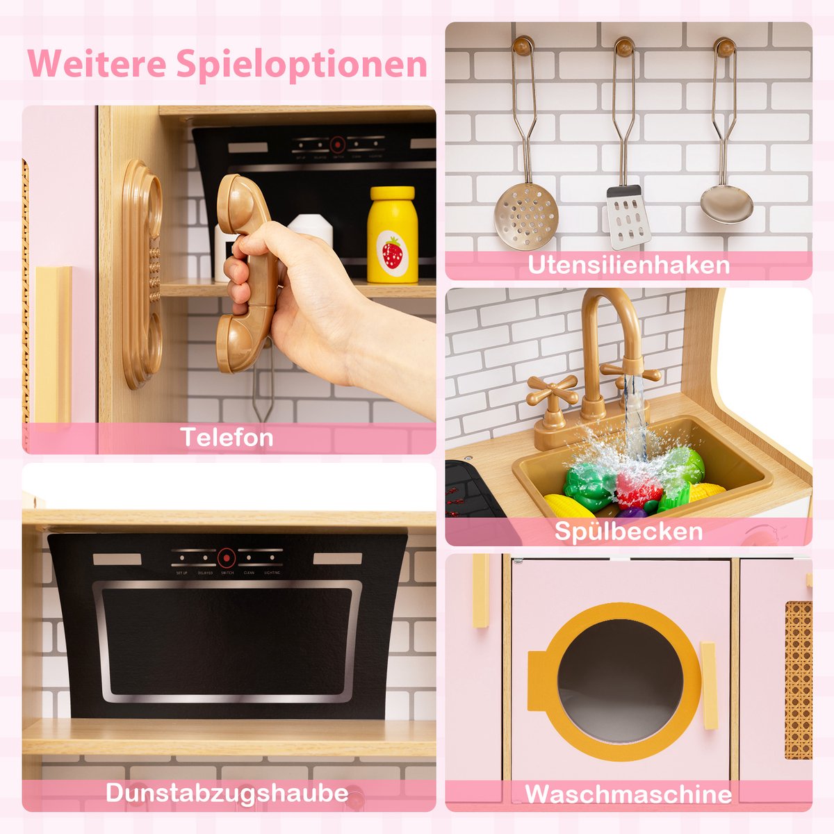 COSTWAY Kinderkeuken, speelkeuken, houten keuken met rotandeuren, licht en geluid, koelkast, waterdispenser, wasmachine en kookaccessoires, speelgoedkeuken voor kinderen vanaf 3 jaar (roze) — afbeelding 2