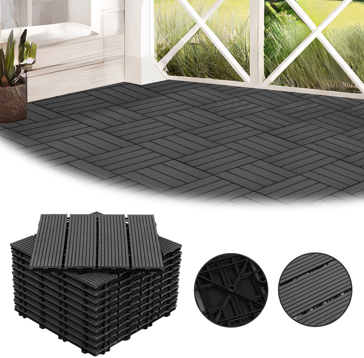 Terrastegels 9m² houten tegels 30x30 cm 99 stuks antraciet voor terras, balkon, houten terrastegels met kliksysteem