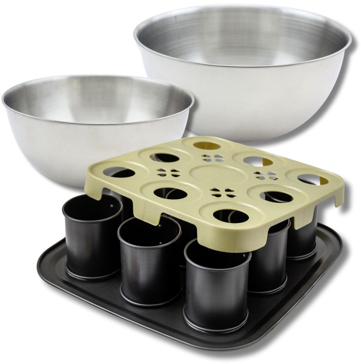 Set bakvormen voor individuele cakes 9 holtes met deksel, 2 mengkommen en 1 spatel Zenker