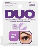 Verpakking DUO Individual Lash Adhesive Clear met flesje, afbeelding oog met wimpers en druppels lijm.