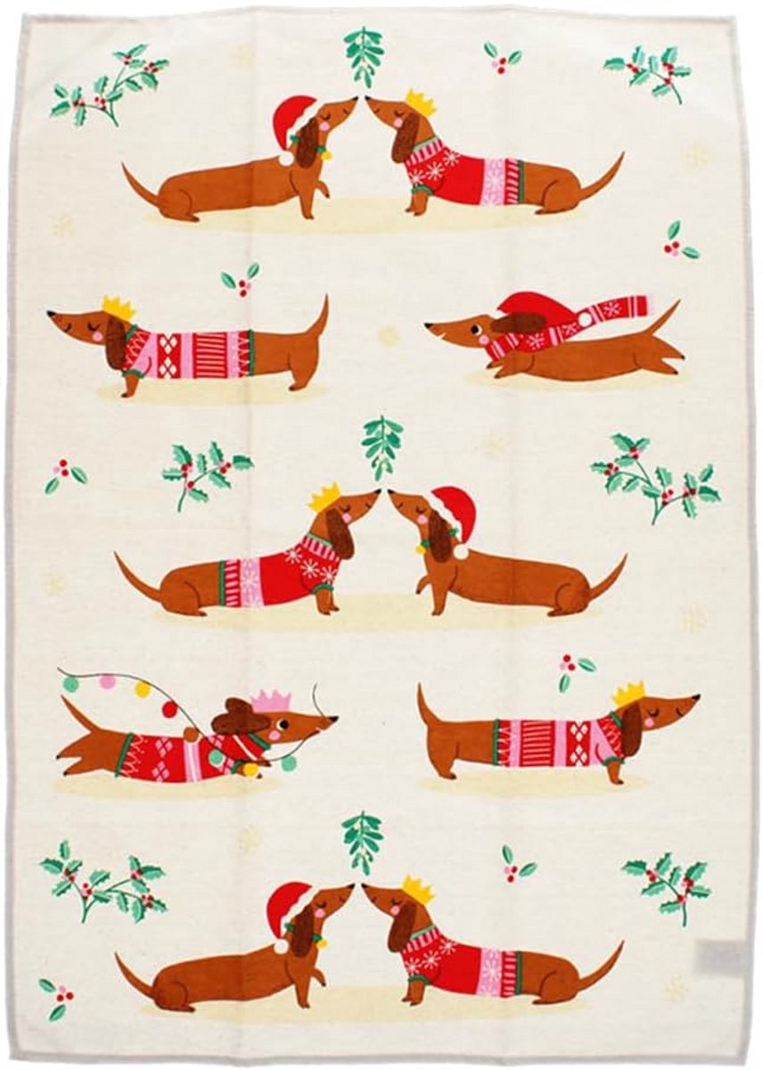 Kerst Theedoek met Dachshund Motief - 100% Katoen - 70x50cm