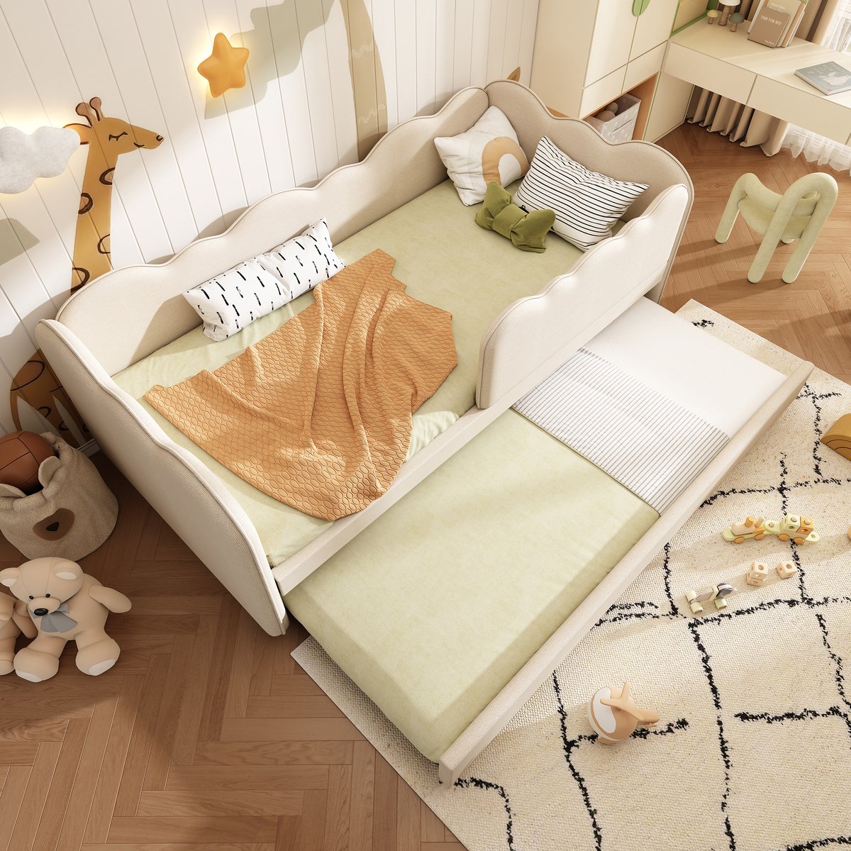 OKWISH Gestoffeerd Dagbed 90x190 cm - Kinderbed Met Uittrekbaar Bed En Remmen - Verwisselbare Zijpanelen - Voor Kleine Kamers - Linnen - Beige - Zonder matras