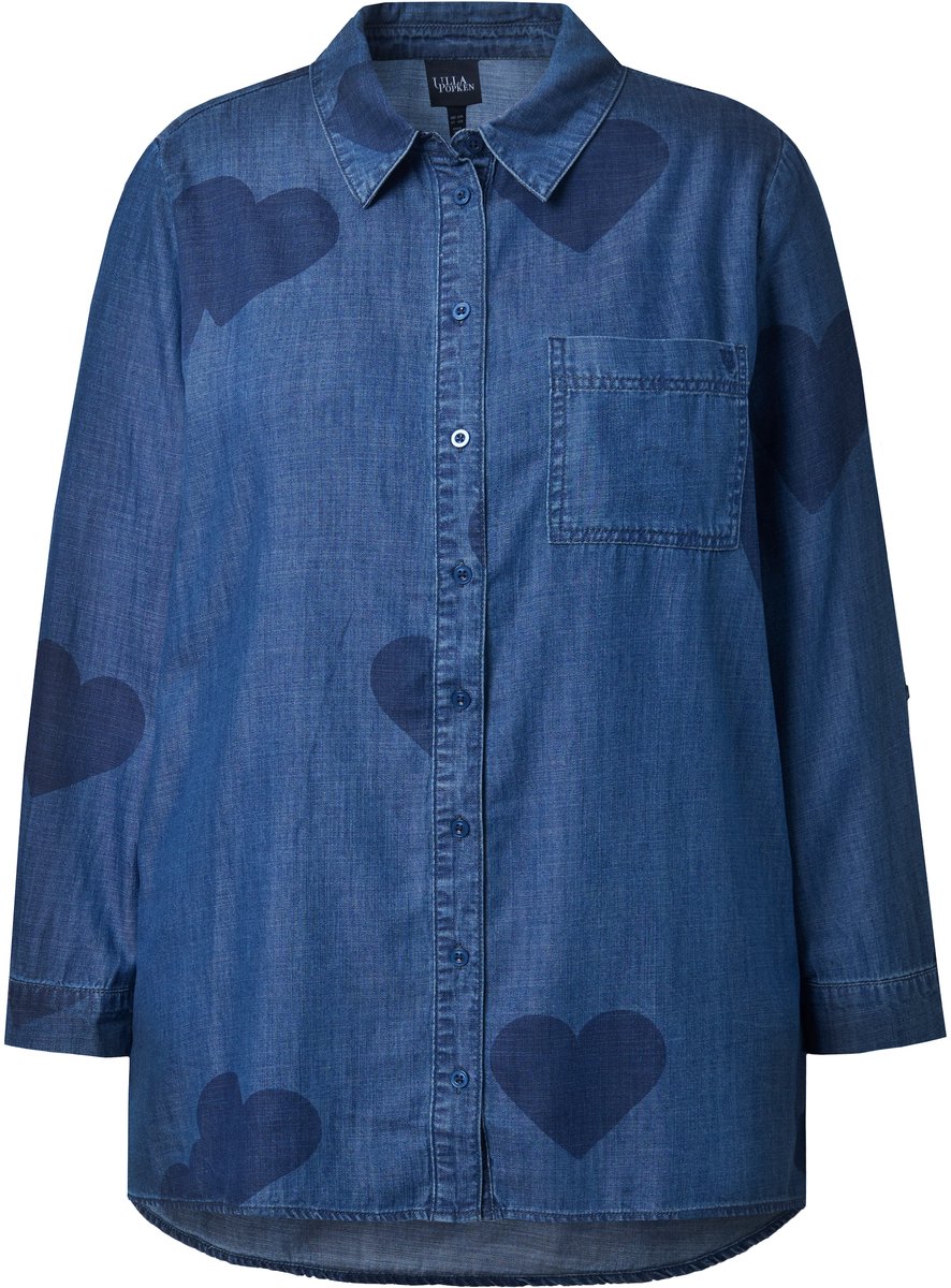 Ulla Popken - Dames - Denim blouse harten overhemdkraag lange mouwen lyocellmix - Blauw denim - Maat 46+