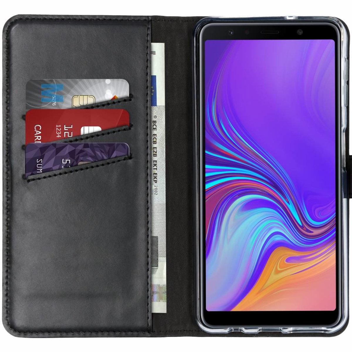 Selencia Hoesje - Geschikt voor Samsung Galaxy A7 (2018) - Echt Lederen Bookcase - Zwart