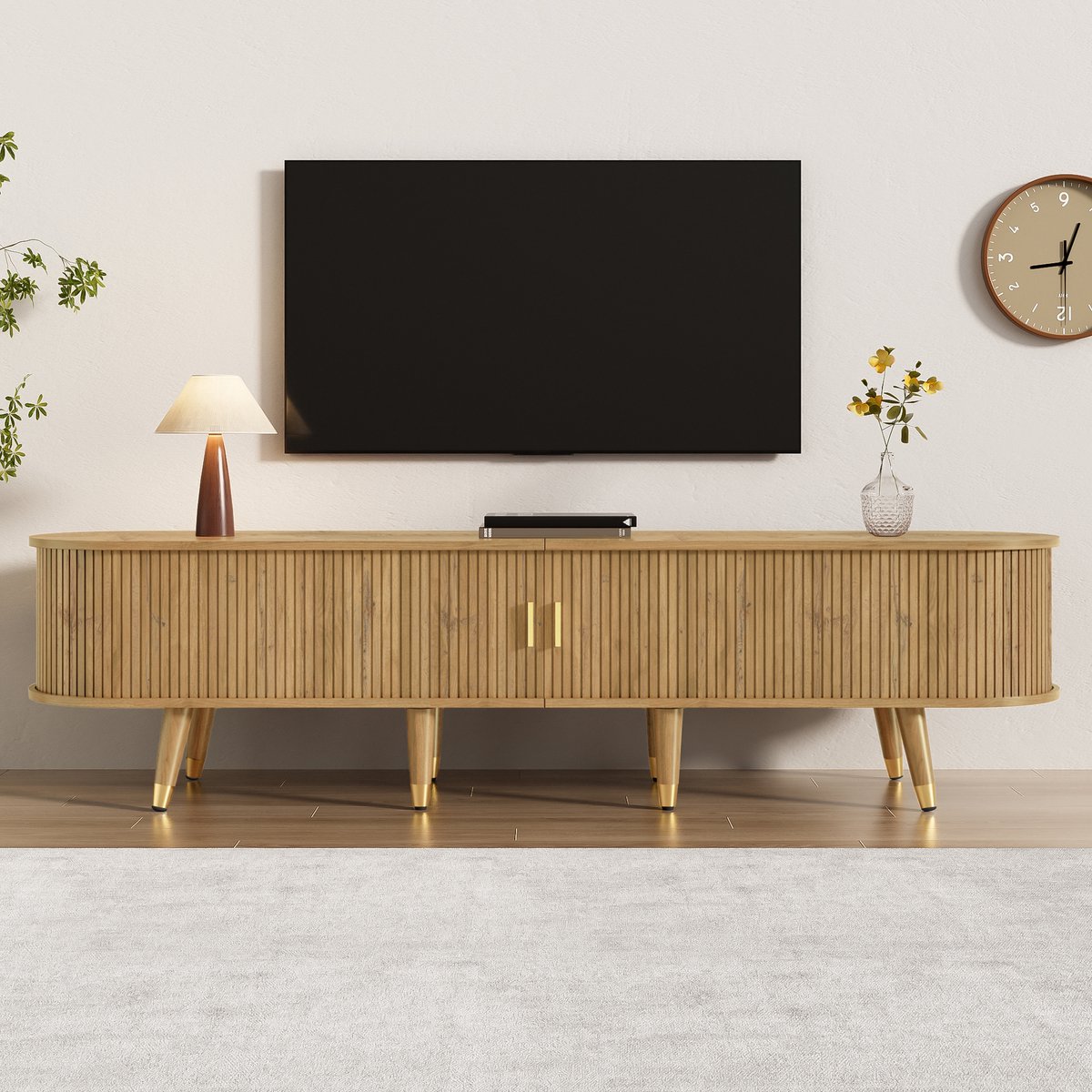 Wishdor Tv-Meubel - Schuifdeuren - Opbergruimte Met Open Vakken En Lades - Mdf - Houtkleur - 175 X 38 X 45 Cm