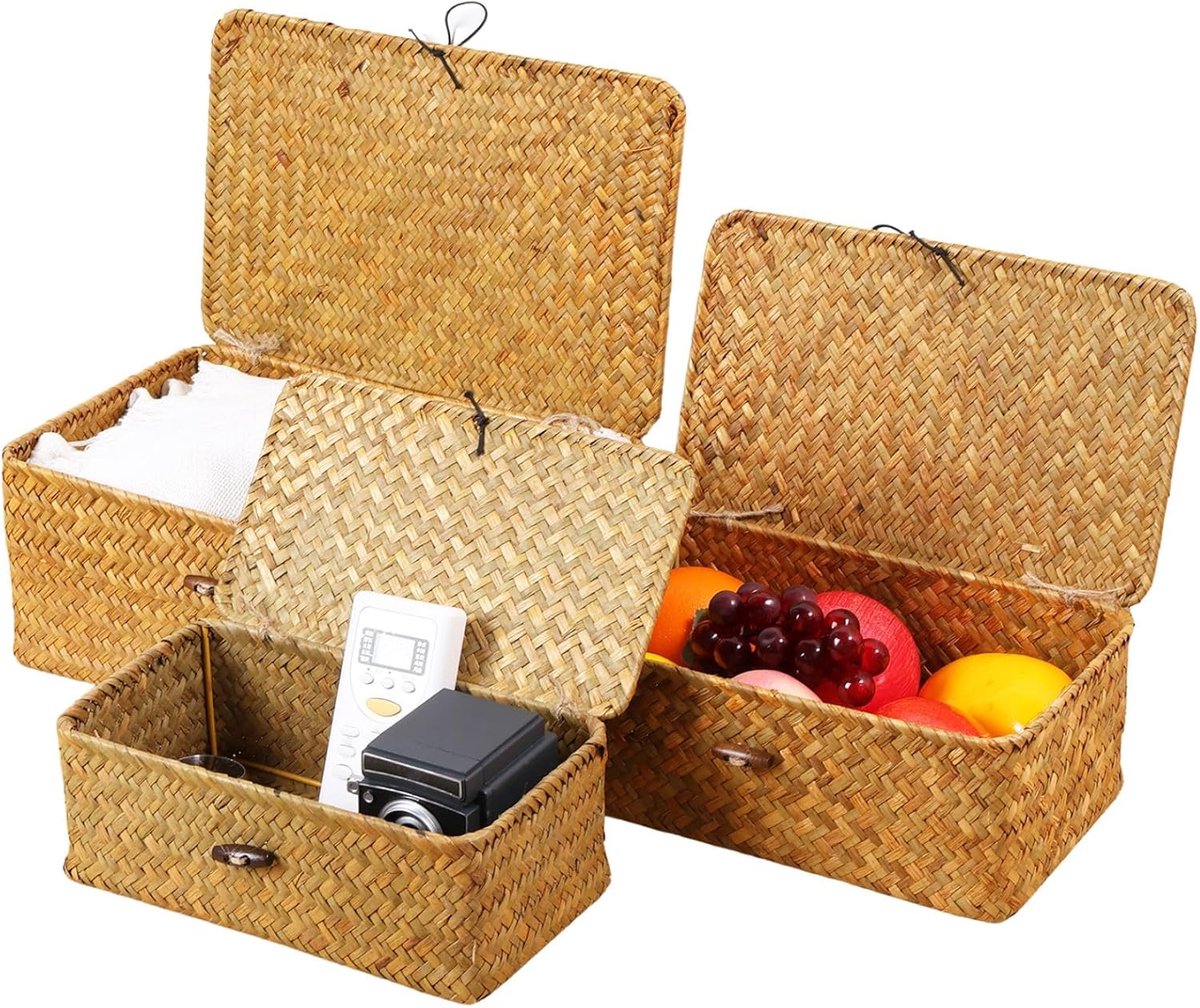 Set of 3 Wicker Storage Basket with Lid, Rectangular Wicker Basket, Hand Woven, Storage Basket for Living Room, Bedroom, Bathroom for Organizing Items