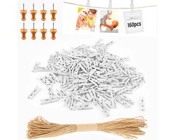 168pcs Mini Wooden Clips - Kleine Witte Mini Kledingknijpers - Huwelijk - Kleine Houten Knijpers voor Polaroid Foto's met 10M Jute Touw - DIY voor Fotowand Decoratie - Feest