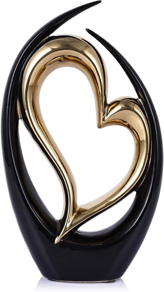 CSGoods - Keramische hartdecor liefde standbeeld, zwart gouden dubbele harten sculptuur voor thuis - Valentijn, bruiloft, decoratieve items voor planken en salontafel deco
