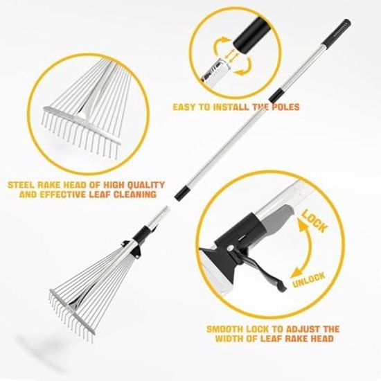 Adjustable Leaf Rake - 215 cm Fan Broom - Metal Leaf Rake with Gloves - Garden Rake for Cleaning Lawn and Yard van Merkloos	 — afbeelding 4