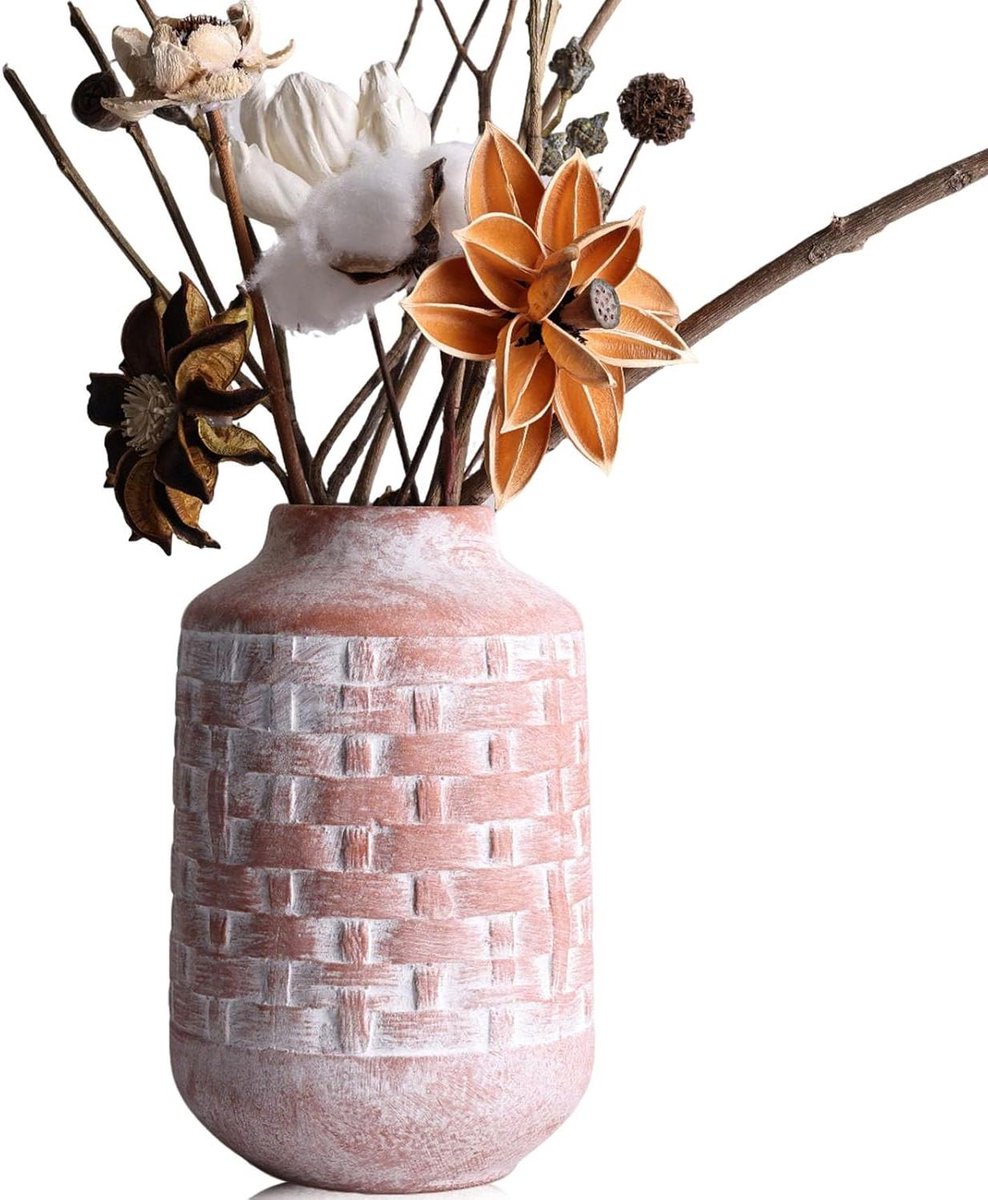 CSGoods - Oranje keramische rustieke boerderijvaas met geweven textuur voor huisdecoratie - Vintage terracotta - Wabi-Sabi stijl