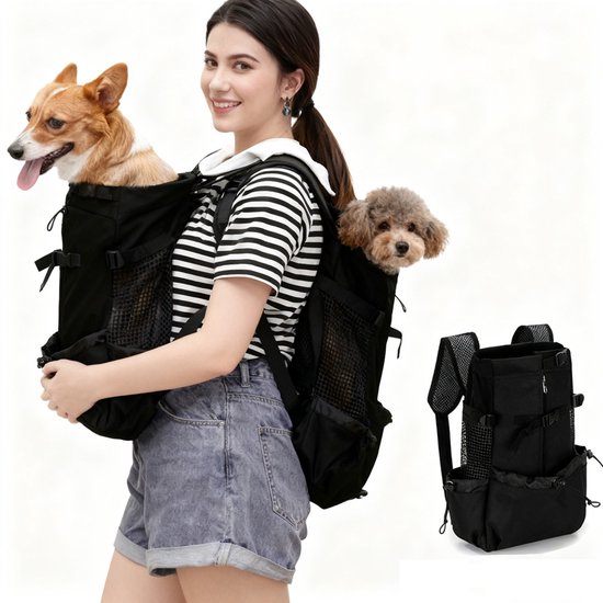 Sac à dos pour chien de taille moyenne - Transporteur respirant et imperméable - Conception ergonomique pour les animaux jusqu'à 20 kg - Transporteur confortable avec ventilation et ceinture de sécurité - Noir