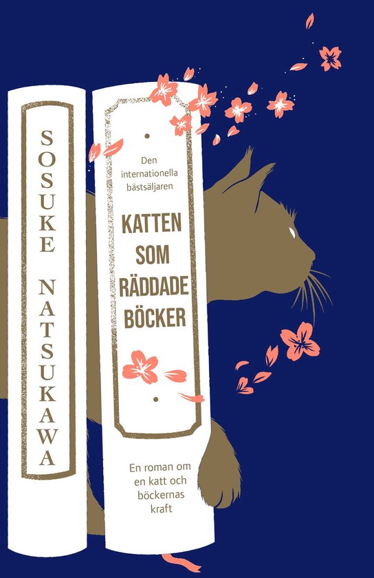 Boek met een bruine kat die achter twee boeken vandaan gluurt, met Japanse kersenbloesems.