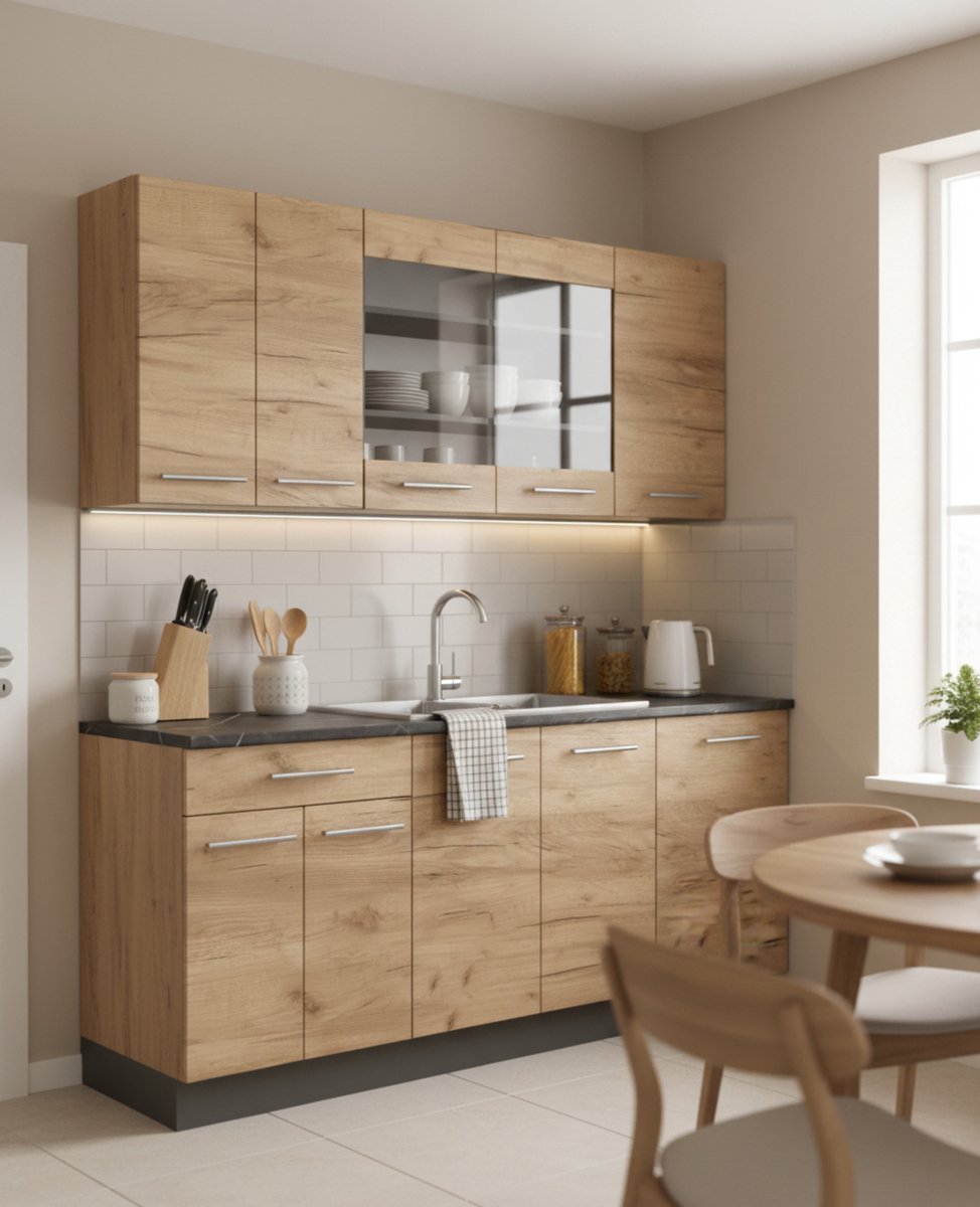 Keukenblok 140x60x82 cm – Moderne Mini Keuken “EliteLine” in Eik Goud & Antraciet met Werkblad – Soft-Close Laden & Deuren – Compacte Eenpersoonskeuken – Novihome
