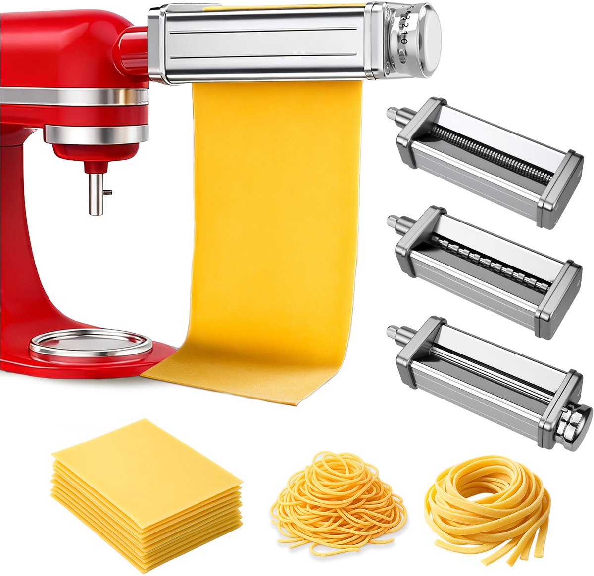 MMOBIEL Pasta Maker Attachment voor KitchenAid Staande Mixer 3-delig – Pasta Roller, Spaghetti Cutter & Fettuccine Cutter – Roestvrijstalen Accessoires - Mixer Accessoires voor KitchenAid