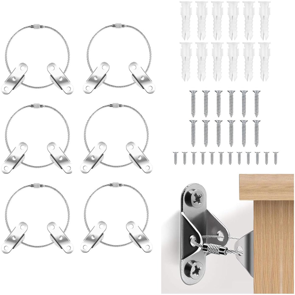 6 sets kantelbeveiligingsgordels, RVS anti-kantelmeubelgordels, kantelbeveiligingsmeubelmuurankers, meubelmuurgordels, veiligheidsgordels voor meubels, voor boekenkasten, kasten, ladekasten Voorkomt vallen en houdt kinderen veilig - Cyslmuk®