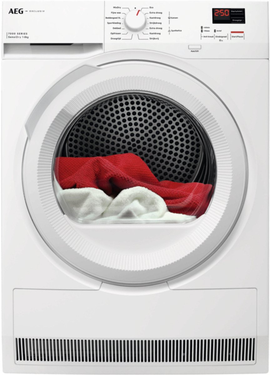 8 Kg, Klein display, 750 W, Warmtepomp, Energie-efficiëntieklasse D, 850x596x663 mm, Wit