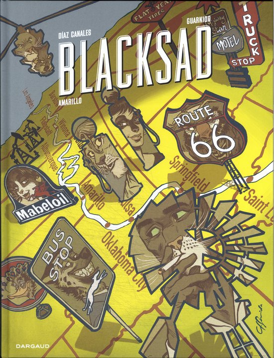 Boekomslag met "BLACKSAD AMARILLO" tekst, kaart met Route 66 en cartoonfiguren.
