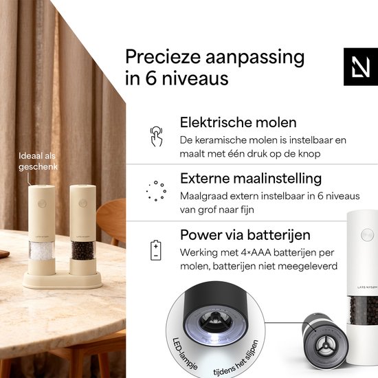 Twee beige elektrische zout- en pepermolens op een standaard. Gedetailleerde uitleg van de elektrische molen.
