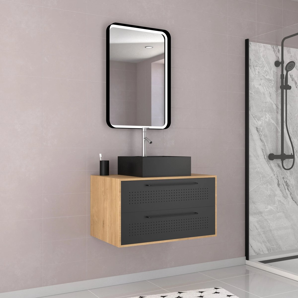 Meuble Salle de Bains 80 cm, Vasque Carrée et Miroir Led - Chêne naturel et Noir Mat - UBY