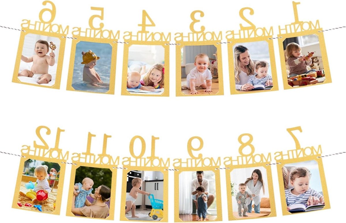 Provento - Verjaardag fotobanner voor 1e verjaardag - Decoraties met groeiende foto-accessoires - Goudkleurig - Set van 12 stuks