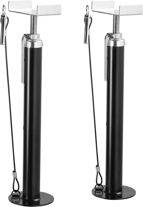 Twee zwarte, verstelbare krikken met ronde voet, kabel en zilveren bovenkant.