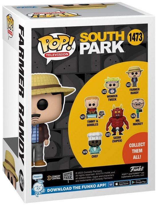 Verpakking van Funko Pop! met South Park boer Randy Marsh, nummer 1473. Toont een cartoonversie van het personage.