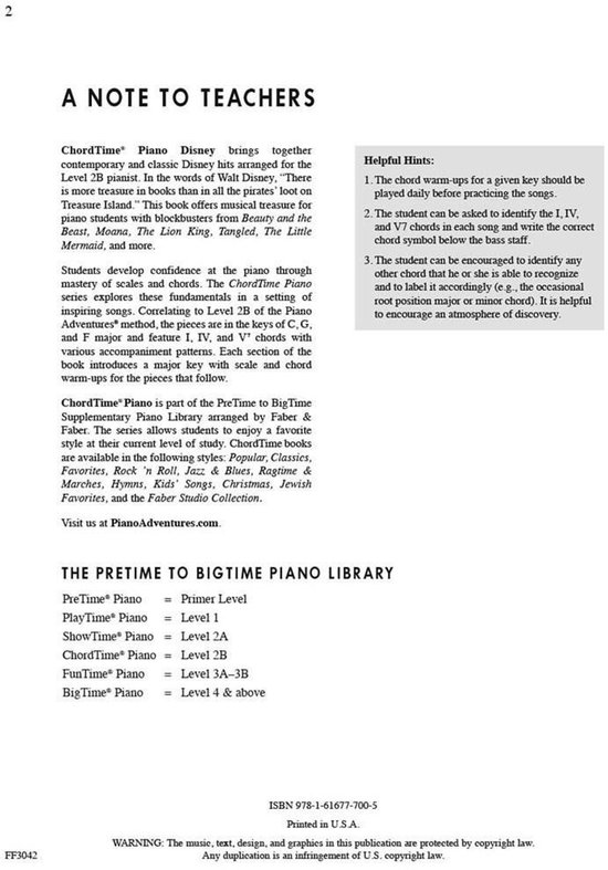 Pagina met aantekeningen voor leraren over de ChordTime Piano bibliotheek, met uitleg over toonladders en akkoorden.