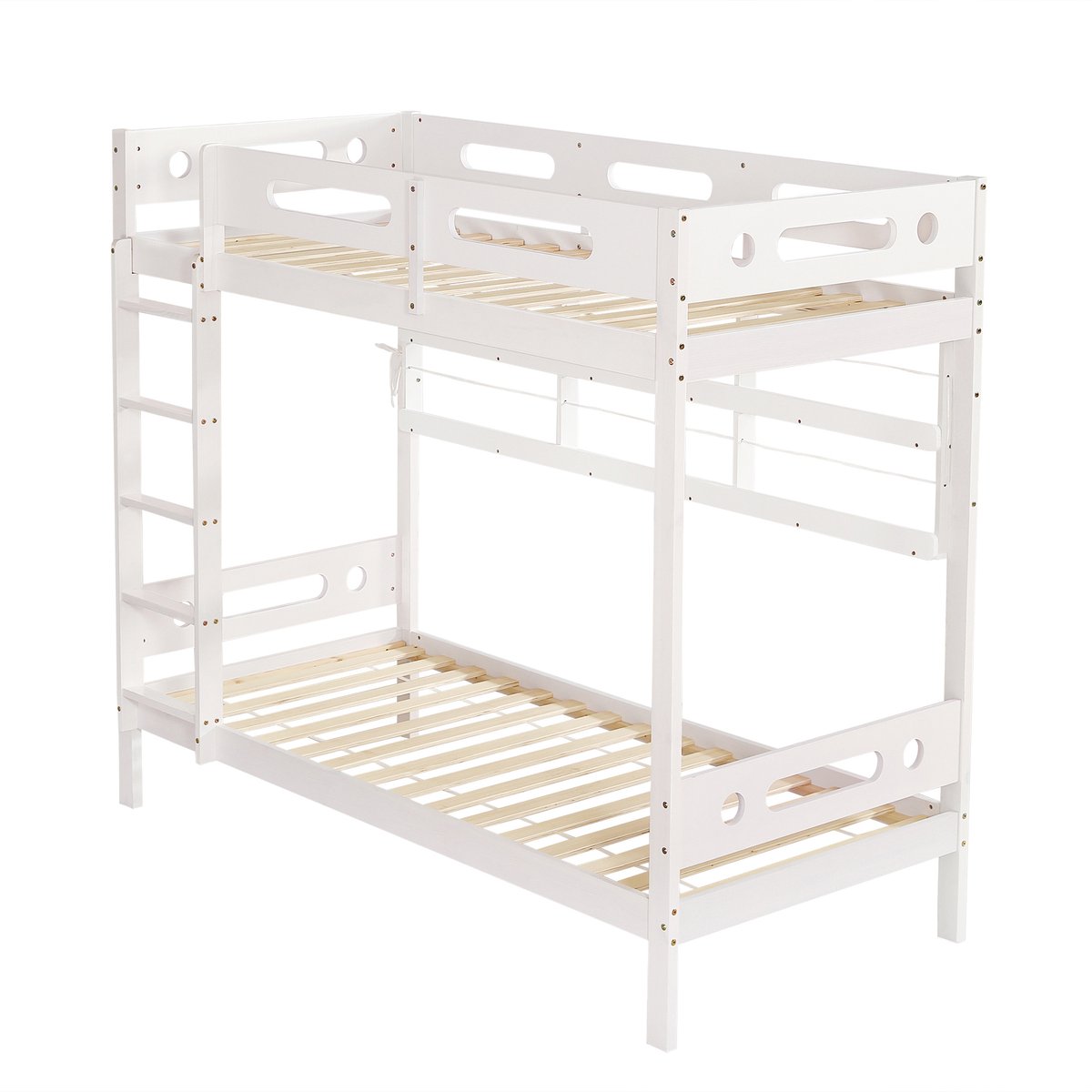 REDOM Stapelbed 90x200 cm – Wit/naturel – Met 5-traps ladder & open opbergrek – Vierzijdig veiligheidshek