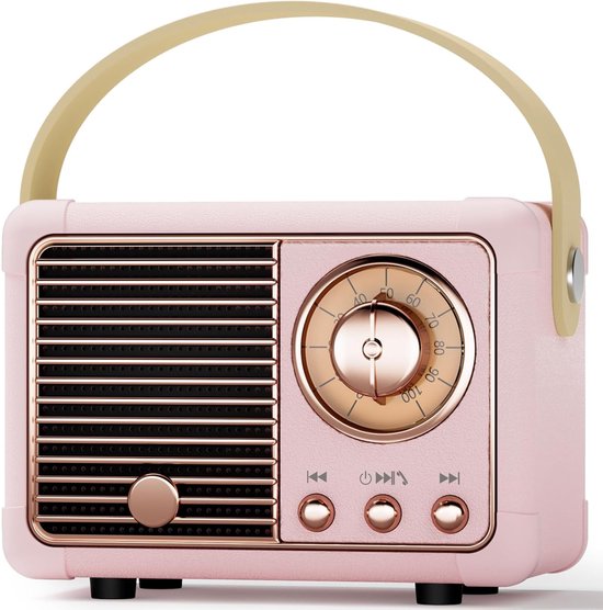 Retro Bluetooth Speaker Draagbaar Vintage Speaker 3W Helder Geluid 7u Speeltijd Bluetooth 5.0 TF USB AUX Roze