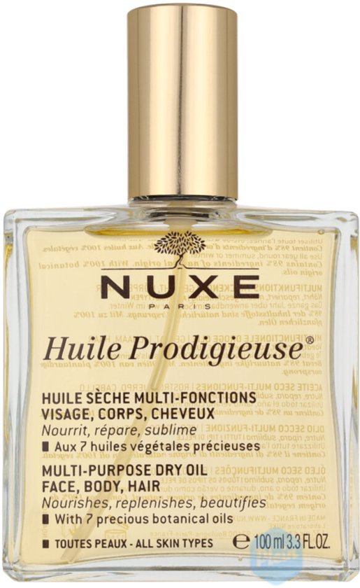 Glazen fles Nuxe Huile Prodigieuse multi-purpose dry oil met gouden dop, met spiegeling.
